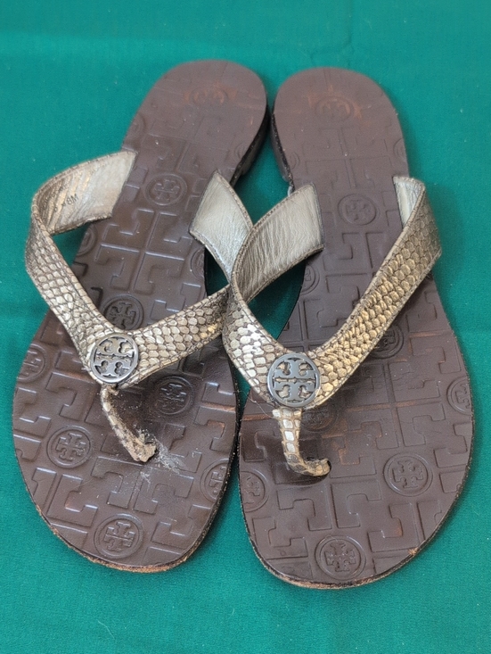 Tory Burch Shoes - Tory Burch Metallic Gold Snake-Effect Logo Thong Sandals